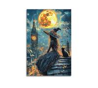 Impression sur toile moderne pour la maison - Poster d'Halloween sorcière sur le toit avec chat noir Décorations d'Halloween 40 x 60 cm sans cadre