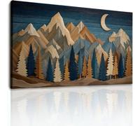 Impression sur toile Montagnes Forêt Lune, Moderne Impression sur Toile Murale Marron Bleu Decoration, Image Décoration Murale Motif Vintage Géométrique pour Salon Bureau Couloir Hôtel, 90x60 cm