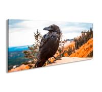 Impression sur toile Motif corbeau sur rocher Gardien entre ciel, forêt et montagnes flamboyantes 80 x 40 cm XXL Impression d'art sur châssis Décoration de salon