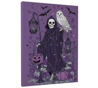 Impression sur toile motif crâne d'Halloween, squelette effrayant violet/noir, décoration murale gothique pour salon, chambre à coucher, fête d'Halloween, 20,3 x 25,4 cm