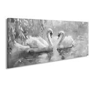 Impression sur toile Motif deux cygnes dans un lac calme sous des branches de prairie 60 x 30 cm Effet : noir et blanc XXL Impression sur châssis Décoration murale pour salon