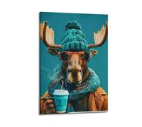 Impression sur toile murale moderne avec motif d'élan cool avec café, chapeau tricoté, lunettes, ambiance hivernale, 30 x 45 cm, style cadre