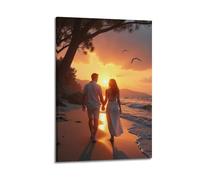Impression sur toile murale moderne pour famille - Poster romantique pour couple promenade, plage, coucher de soleil - 40 x 60 cm - Style cadre