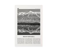 Impression sur toile murale rétro avec carte de ville et paysage de Mount Mitchell, noir et blanc, Caroline du Nord, États-Unis - 60 x 90 cm