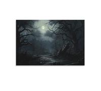 Impression sur toile murale vintage - Motif forêt d'horreur - Paysage nocturne sombre - Lune - Bois rustique - Prêt à accrocher