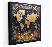 Impression sur toile Navy World Map - Bleu marine, carte du monde, reflets dorés, 71,1 x 71,1 cm