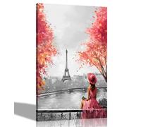 Impression sur toile noire et blanche seule et heureuse à Paris rose pour salon, chambre à coucher, couloir | Réimpression de peinture à l'huile encadrée 40 x 30 cm A3