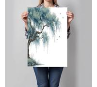 Impression sur Toile Oiseau Branche Saule Peinture Tableaux de Mur Peinture À L'Encre Traditionnelle Tableaux Art Muraux Décoration pour Salon Chambre Salle de Bain, 40x60cm, Bleu-Vert - Sans Cadre