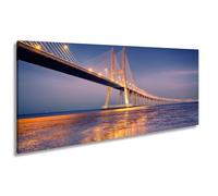 Impression sur toile panoramique avec lueur dorée au-dessus du pont et mer calme du soir 100 x 50 cm XXL Impression d'art sur châssis Décoration de salon