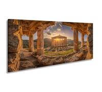Impression sur toile panoramique Motif Le salut du soleil éclaire un temple des temps passés 100 x 50 cm XXL Impression d'art sur châssis Décoration de salon
