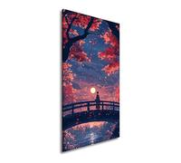 Impression sur toile panoramique représentant un guerrier solitaire sur un pont dans la lumière de lune rouge d'automne 80 x 40 cm XXL Impression d'art sur châssis Décoration murale pour salon
