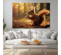 Impression sur Toile Panoramique, tableau mural décoratif Campagne maison, impression sur toile Forêt Écureuil Pomme de pin pour décoration chambre bureau, art mural 140 x 70 cm