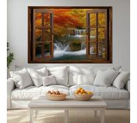 Impression sur Toile Panoramique, tableau mural décoratif maison, impression sur toile Forêt d’automne Fenêtre factice pour décoration chambre bureau, art mural 100 x 70 cm