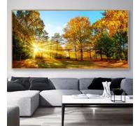 Impression sur toile - Paysage d'automne en forêt avec soleil couchant, décoration murale aux couleurs vibrantes du feuillage d'automne pour salon, chambre, bureau, café (60 x 90 cm / cadre intérieur)