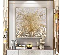 Impression sur toile Peinture à l'huile texturée concave sur toile Lignes dorées Art mural abstrait brillant doré soleil photo de bureau 50x50cm (20x20in) avec cadre