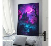 Impression sur toile personnalisée représentant un manoir hanté sous une lune de néon, pour famille, animal de compagnie, mariage, amis, vacances, anniversaire, 30 x 45 cm