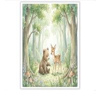 Impression sur Toile Petit Ours Et Petit Cerf Image Peinture Tableaux de la Mur Guérison Par La Forêt Affiche Sans Cadre Décoration Murale pour Salon, Chambre d'enfant, 40x60cm, Vert Émeraude