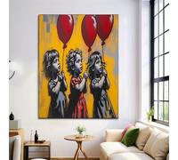 Impression sur Toile Petite Fille Avec Des Ballons, Tableau Decoration Murale Graffiti De Rue,Image sur Toile 80L x 60l cm Tableaux Decoratifs Muraux Salon Chambre Salle de bain Curcuma