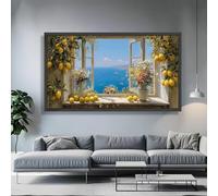 Impression sur toile, poster représentant une vue sur la mer Méditerranée, une nature morte avec citronnier et fleurs, une fenêtre ouverte, pour une décoration intérieure côtière (30 x 60 cm)