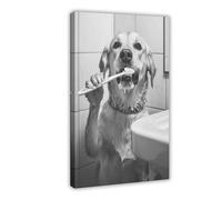 Impression sur toile pour décoration murale de salon, chambre à coucher Motif chien qui se brosse les dents 50 x 75 cm
