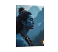 Impression sur toile pour décoration murale d'intérieur - Poster hindouisme Shiva contemplatif de profil, contre un paysage montagneux au crépuscule, avec une palette apaisante bleu gris 20 x 30 cm P