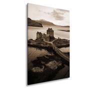 Impression sur toile puissante forteresse reposant tranquillement sur le bord du fjord, format : 80 x 60 cm, effet : sépia XXL, impression d'art sur châssis/décoration murale/décoration de salon