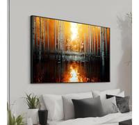 Impression sur toile « Reflets dans une forêt de bouleaux au coucher du soleil » - Paysage surréaliste aux tons orangés dorés - Décoration murale inspirée pour la maison (21 x 30 cm / Sans cadre)