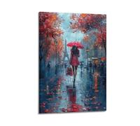 Impression sur toile représentant des femmes tenant des parapluies dans les rues de Paris avec la tour Eiffel et décoration murale moderne pour chambre à coucher (20 x 30 cm)