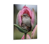 Impression sur toile représentant deux petits oiseaux cachés dans une tulipe rosée - Décoration murale moderne - 40 x 60 cm - Style cadre