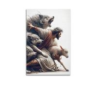 Impression sur toile représentant Jésus chrétien protégeant l'agneau contre les loups - Décoration murale moderne pour chambre à coucher - 60 x 90 cm