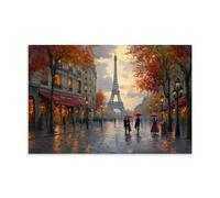 Impression sur toile représentant la Tour Eiffel de Paris - Couple noir blanc rouge avec parapluie sur un paysage de rue parisien romantique - Œuvre d'art pour décoration d'intérieur - 20 x 30 cm