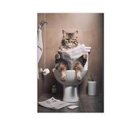 Impression sur toile représentant le chat lisant le journal assis sur les toilettes - Décoration murale pour salon, chambre à coucher - 40 x 60 cm