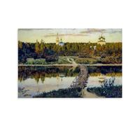 Impression sur toile représentant le monastère silencieux du réalisme russe de 1890 par Isaac Levitan - Décoration murale panoramique avec réflexions d'église sur un lac et un pont en bois - Œuvres
