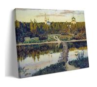Impression sur toile représentant le monastère silencieux du réalisme russe de 1890 par Isaac Levitan - Décoration murale panoramique avec réflexions d'église sur un lac et un pont en bois - Œuvres