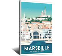 Impression sur toile représentant le port de Marseille - Décoration murale - Pour bureau, chambre à coucher - 30 x 45 cm - Cadre