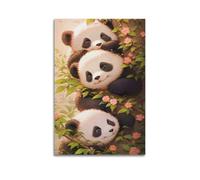 Impression sur toile représentant trois pandas allongés sur un arbre - Décoration murale moderne - 30 x 45 cm - Sans cadre