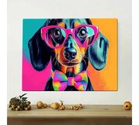 Impression sur toile représentant un adorable teckel avec lunettes et nœud papillon coloré, décoration murale pour la maison et le salon (60 x 80 cm, sans cadre)