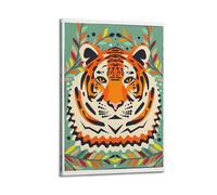 Impression sur toile représentant un animal géométrique et herbe fraîche entourant une tête de tigre - Décoration murale moderne pour chambre à coucher - 40 x 60 cm