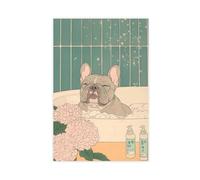 Impression sur toile représentant un bouledogue français prenant un bain - Décoration de chambre à coucher, bureau, chambre - 60 x 90 cm