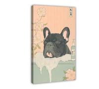Impression sur toile représentant un bouledogue français relaxant dans un bain - Décoration murale pour salon, chambre à coucher - 40 x 60 cm