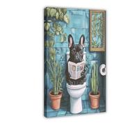 Impression sur toile représentant un bouledogue français sur les toilettes - Décoration murale pour salon, chambre à coucher - 60 x 90 cm