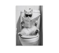 Impression sur toile représentant un chat assis sur les toilettes et lisant un journal - Décoration murale pour chambre à coucher, bureau, salon - 50 x 75 cm