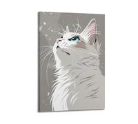 Impression sur toile représentant un chat blanc aux yeux bleus regardant vers le haut - Décoration murale moderne - 20 x 30 cm - Style cadre