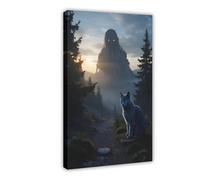 Impression sur toile représentant un chat bleu russe dans la forêt (2) - Décoration murale pour salon, chambre à coucher - 50 x 75 cm
