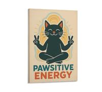 Impression sur toile représentant un chat méditant - Style rétro zen Pawsitif - Décoration murale pour chambre à coucher, cuisine, salle de bain, salon, bureau - 20 x 30 cm - Style cadre
