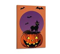 Impression sur toile représentant un chat noir citrouille chauve-souris et silhouette d'Halloween - Poster mural décoratif pour chambre à coucher - 40 x 60 cm