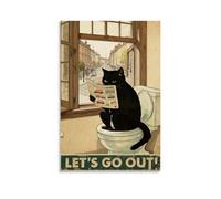 Impression sur toile représentant un chat noir lisant un journal dans les toilettes - 30 x 45 cm
