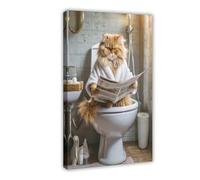 Impression sur toile représentant un chat persan lisant le journal sur les toilettes - Décoration pour chambre à coucher, bureau, chambre à coucher - 50 x 75 cm
