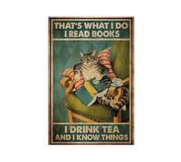 Impression sur toile représentant un chat qui lit et boit du thé de style rétro pour salon, chambre à coucher (50 x 75 cm)