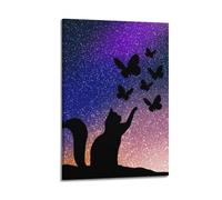 Impression sur toile représentant un ciel étoilé et un papillon, silhouette de chat, décoration murale moderne pour chambre à coucher, 20 x 30 cm
